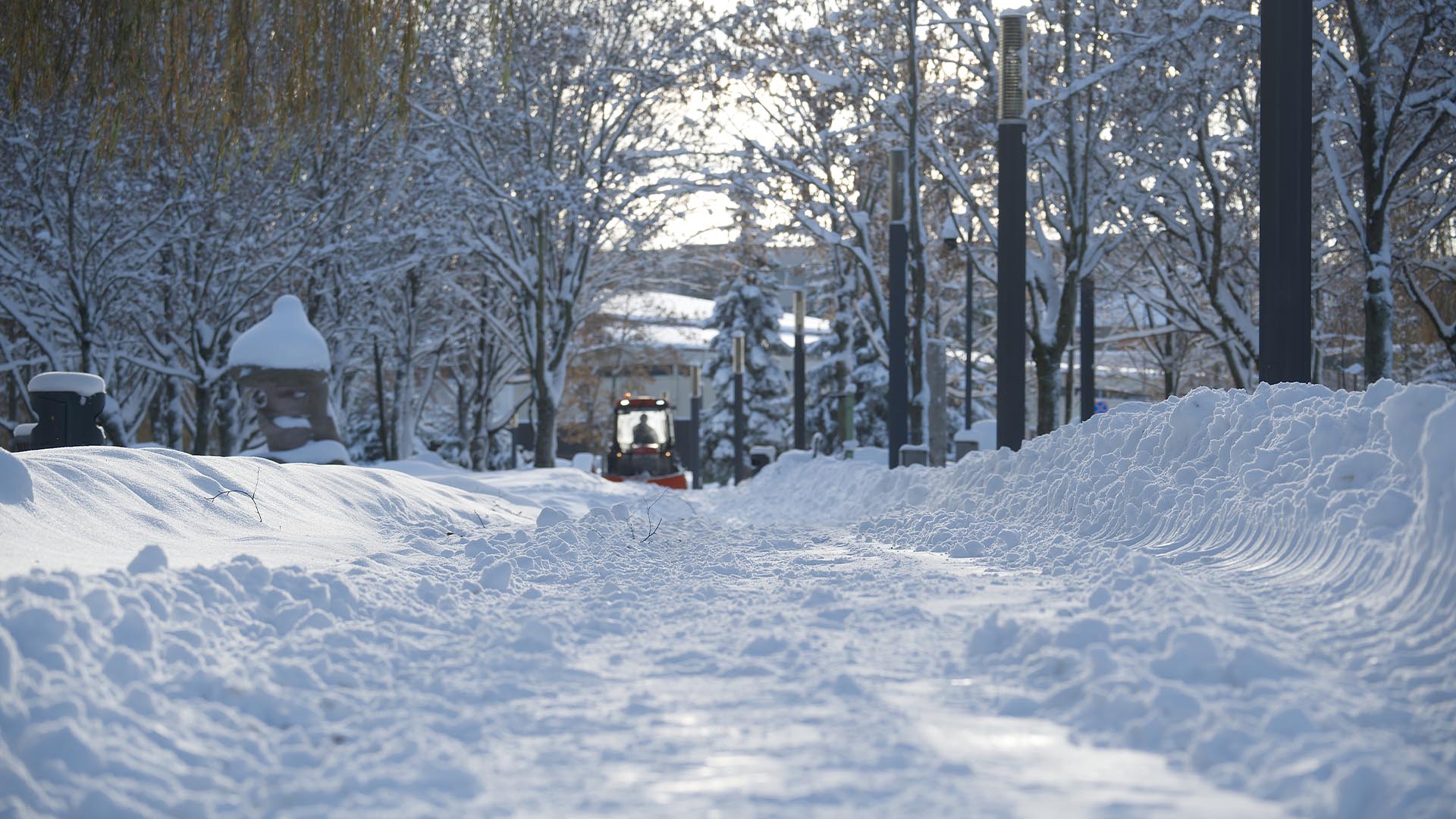 snow plowed pathway with a snow plow vehicle in the background