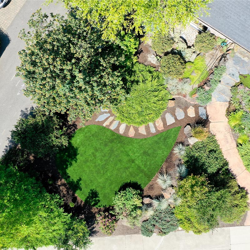 aerial view of a green lawn with bushes and trees surrounding it and homes